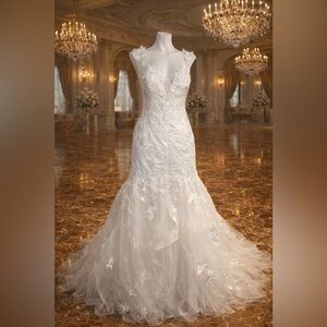 NWOT White Wedding Gown Size 16W Lace Applique Sequin Corset Back Tulle Train